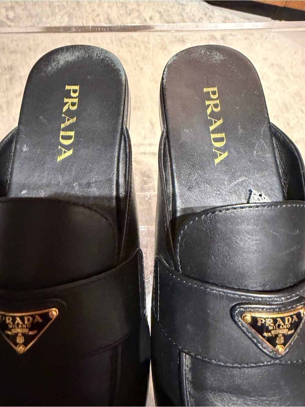 Prada Black Leather Backless Loafer Mule with Gold Triangle Hardware - Picture 8 of 13